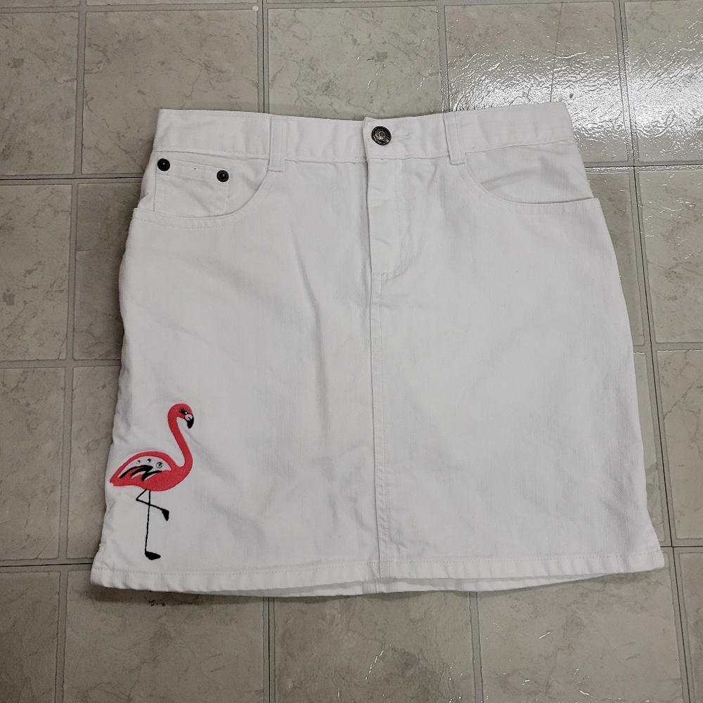Gymboree White Denim Flamingo Embroidered Skirt Size 12